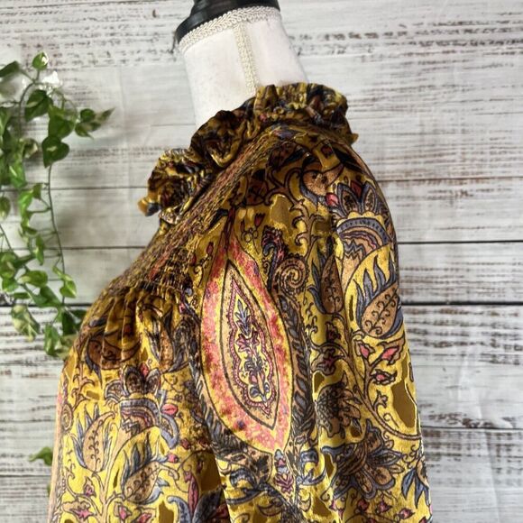 Ivy Jane Blouse Top size Extra Small Gold Blue Paisley Velour Smocking Peasant - Picture 10 of 13